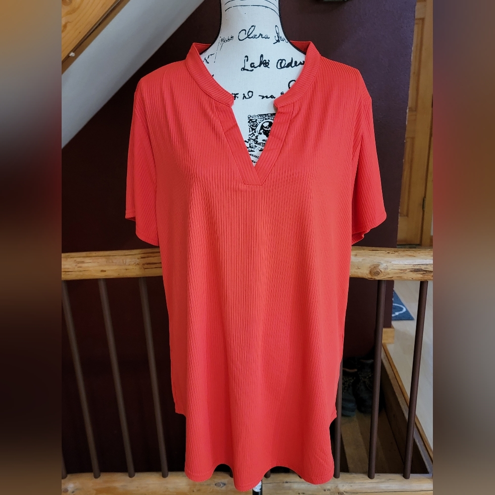 Short Sleeve Ribbed V Neck Red 2XL